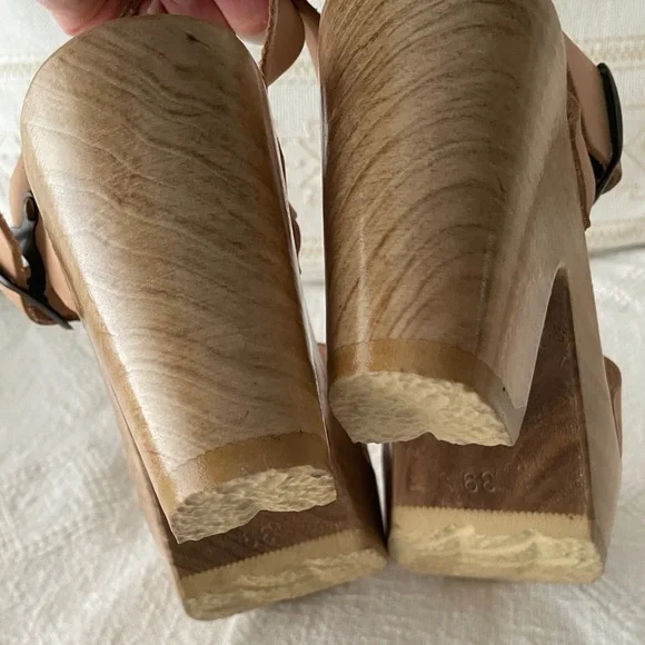 No. 6 Tan Leather Mules with Wooden Platform, Size 39 - Picture 7 of 15